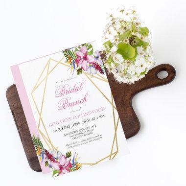 Tropical Pink Floral Gold Geometric Bridal Brunch Invitations