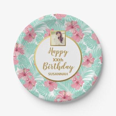 Tropical Pink Floral Palm Tree , Birthday Photo Paper Plates