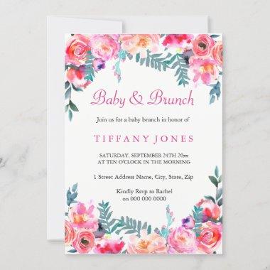 Tropical Pink Floral Watercolor Baby & Brunch Invitations