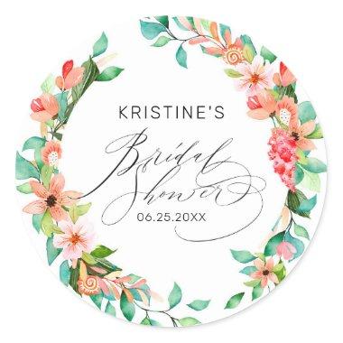 Tropical Pink Floral Watercolor Bridal Shower Classic Round Sticker