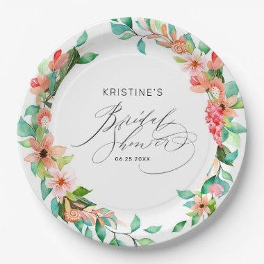 Tropical Pink Floral Watercolor Bridal Shower Paper Plates