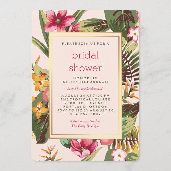 Tropical Pink Gold and Green Bridal Shower Invitations