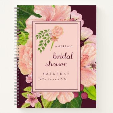 Tropical Pink Peach Floral Burgundy Bridal Shower Notebook