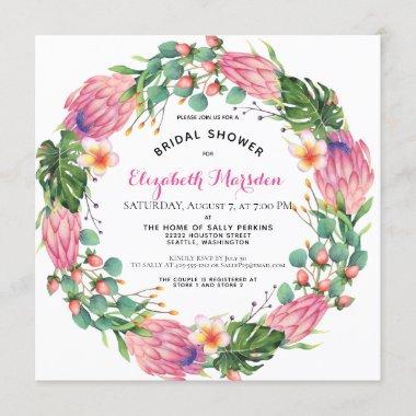Tropical Pink Protea Greenery Floral Bridal Shower Invitations