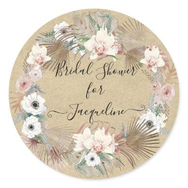 Tropical Rustic White Floral Palm Greenery Foliage Classic Round Sticker