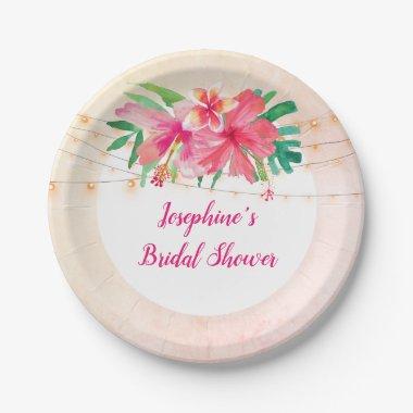 Tropical String Lights Floral Bridal Shower Paper Plates