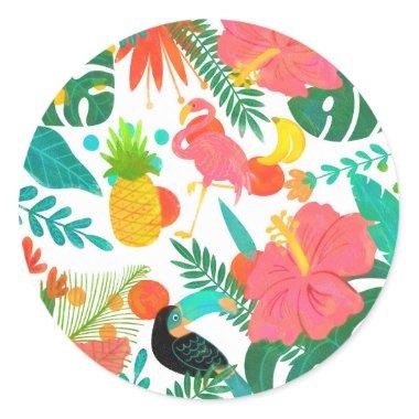 Tropical Vibes Floral Leaves Summer Luau Party Classic Round Sticker