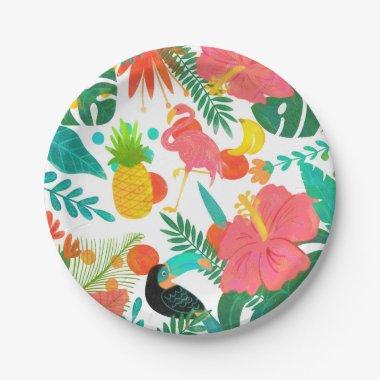 Tropical Vibes Floral Leaves Summer Luau Party Paper Plates
