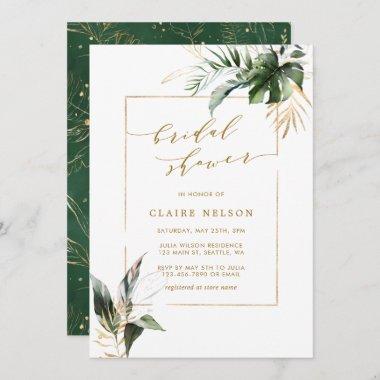 Tropical Watercolor Leaves Gold Bridal Shower Invitations