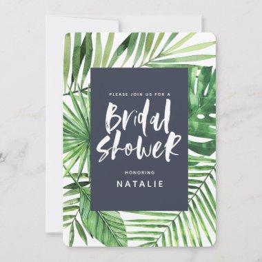 Tropical watercolor palm leaf bridal shower invite