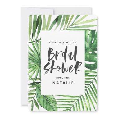 Tropical watercolor palm leaf bridal shower invite