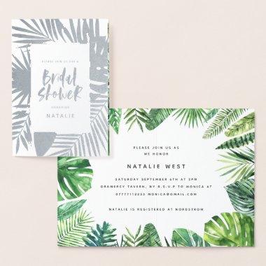 Tropical watercolor palm leaf bridal shower invite