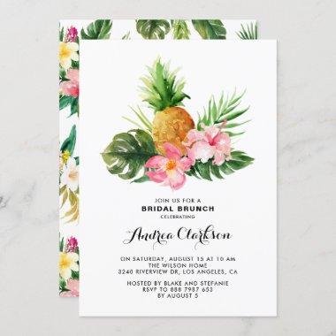 Tropical Watercolor Pineapple Floral Bridal Brunch Invitations