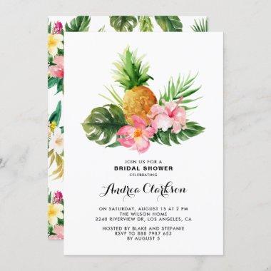 Tropical Watercolor Pineapple Floral Bridal Shower Invitations