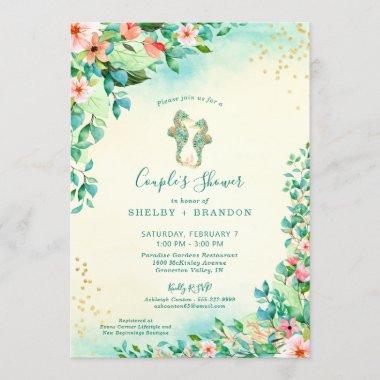 Tropical Wedding Couple Shower Floral Seahorses Invitations