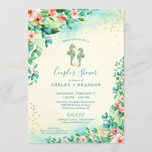 Tropical Wedding Couple Shower Floral Seahorses Invitations
