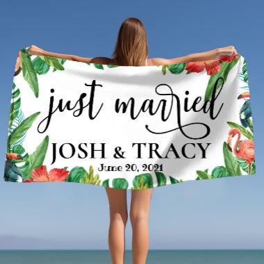 Tropical Wifey and Hubby, Just Married Custom Beach Towel