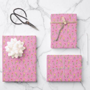 Tulips & Butterflies Pink Pattern Wrapping Paper Sheets