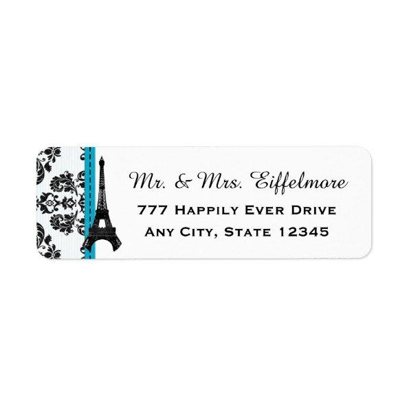 Turquoise and Black Damask Eiffel Tower Label