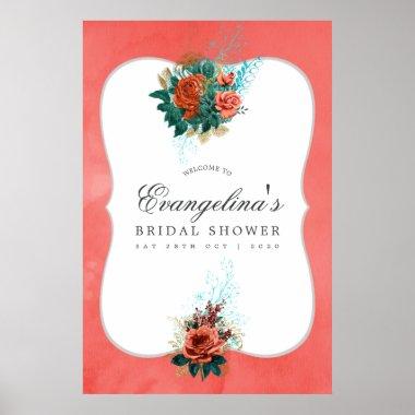 Turquoise and Coral Floral Bridal Shower Welcome Poster