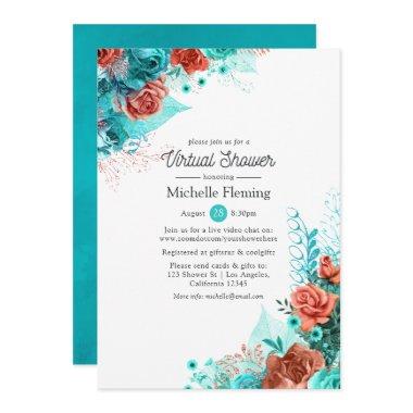 Turquoise and Coral Floral Virtual Shower Invitations