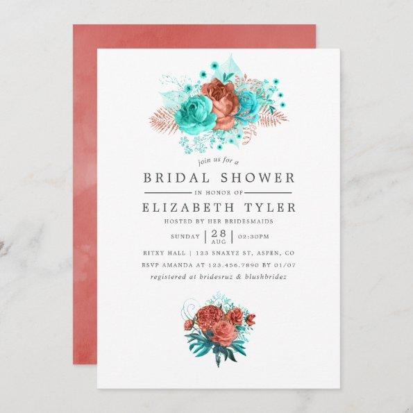 Turquoise and Coral Tropical Floral Bridal Shower Invitations
