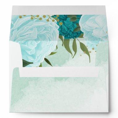 turquoise and light blue flowers wedding envelope