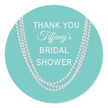 Turquoise and Pearls Bridal Shower Thank You white Classic Round Sticker