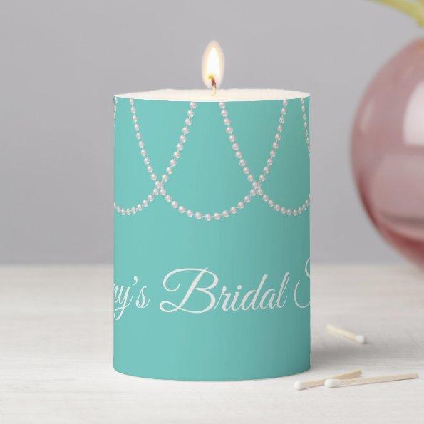 Turquoise and Pearls Bridal Shower white Pillar Candle