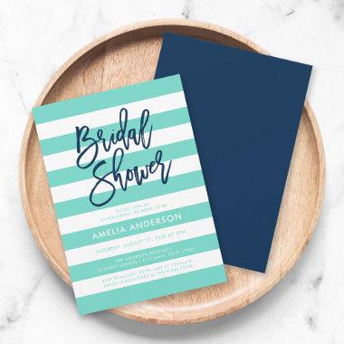 Turquoise and White Stripes Blue Bridal Shower Invitations