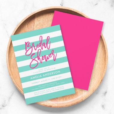 Turquoise and White Stripes Pink Bridal Shower Invitations