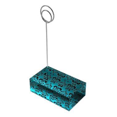 TURQUOISE AQUA BLUE BLACK CLASSY DAMASK TABLE CARD HOLDER