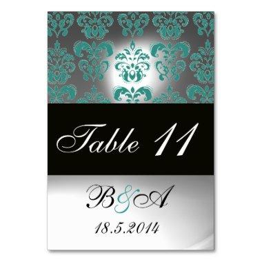 TURQUOISE AQUA BLUE BLACK WHITE DAMASK MONOGRAM TABLE NUMBER