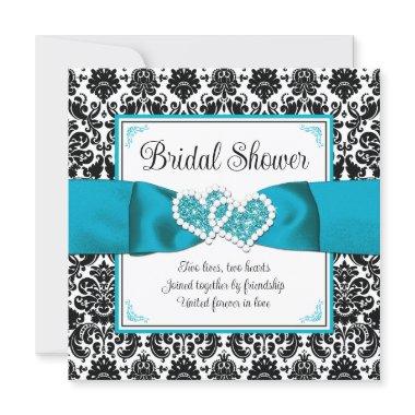 Turquoise, Black Damask Love Hearts