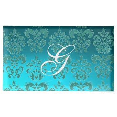 TURQUOISE BLUE BLACK WHITE CLASSY DAMASK MONOGRAM TABLE CARD HOLDER