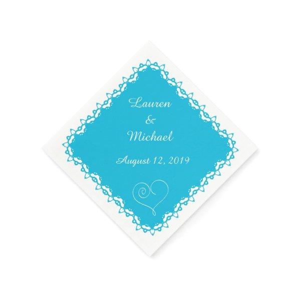 Turquoise Blue Doily Heart Personalized Paper Napkins