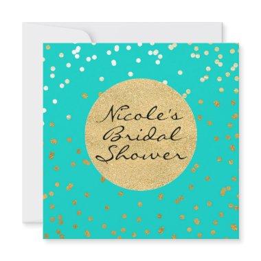 Turquoise Blue & Gold Shiny Confetti Dots Modern Invitations