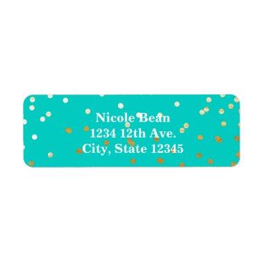 Turquoise Blue & Gold Shiny Confetti Dots Modern Label