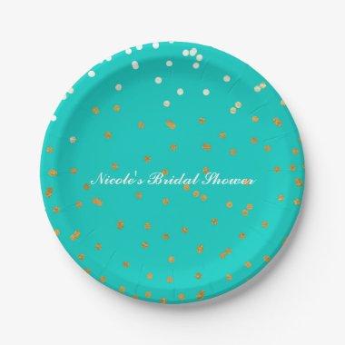 Turquoise Blue & Gold Shiny Confetti Dots Modern Paper Plates