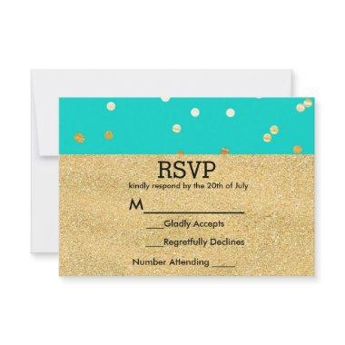 Turquoise Blue & Gold Shiny Confetti Dots RSVP