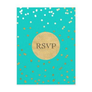 Turquoise Blue & Gold Shiny Confetti Dots RSVP Invitation PostInvitations