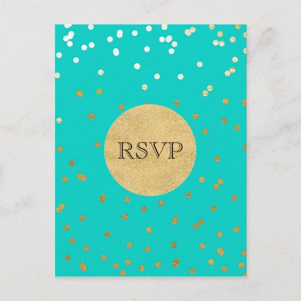 Turquoise Blue & Gold Shiny Confetti Dots RSVP Invitation PostInvitations