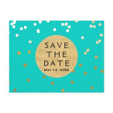 Turquoise Blue & Gold Shiny Confetti Save The Date Announcement PostInvitations