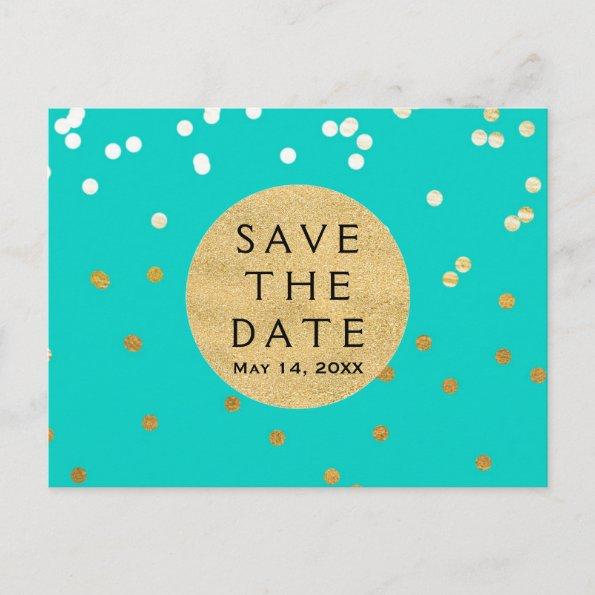 Turquoise Blue & Gold Shiny Confetti Save The Date Announcement PostInvitations