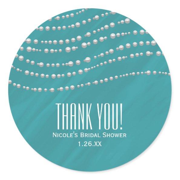 Turquoise Blue & Pearls Elegant Bridal Shower Classic Round Sticker