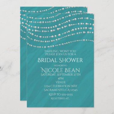 Turquoise Blue & Pearls Elegant Bridal Shower Invitations