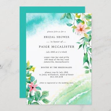 Turquoise Blue Pink Floral Botanical Bridal Shower Invitations