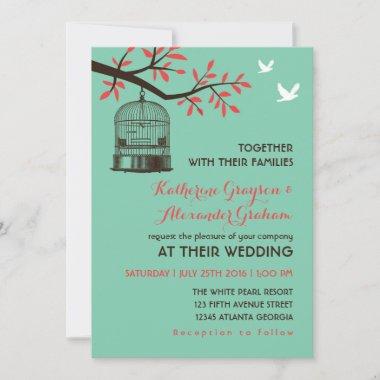 Turquoise Blue Rustic Bird Cage Wedding Invitations