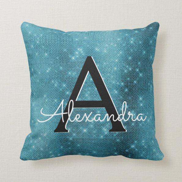 Turquoise Blue Sparkle Monogram Name & Initial Throw Pillow