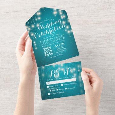 Turquoise Blue Sparkle String Lights Wedding RSVP All In One Invitations